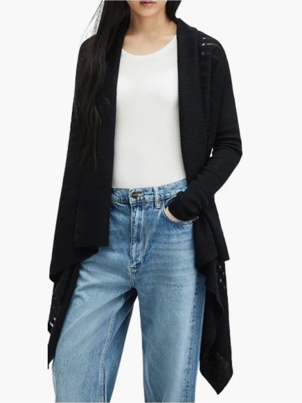 All Saints Harley Cardigan Sweater Black Wool Alpaca Blend Waterfall Hem L